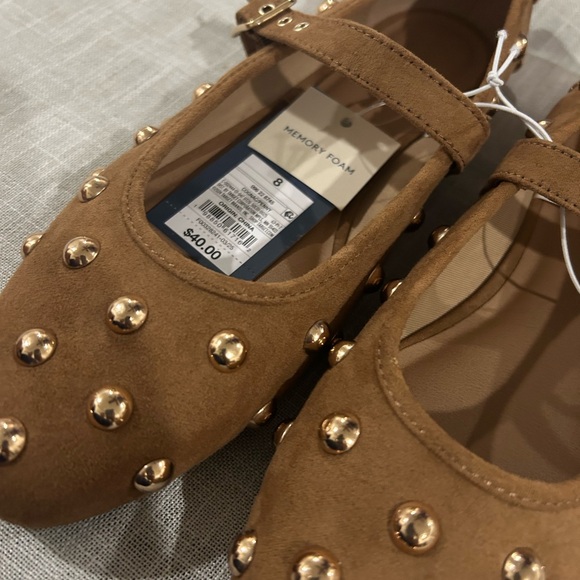 Womens penny gold Studded Brown Mary Jane Flats memory foam - Picture 2 of 4